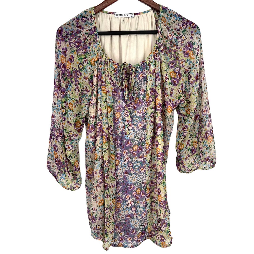 Anthropologie Fig and & Flower Plus Size 2X Pretty Floral Blouse Shirt Top Boho
